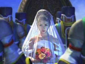 Yuna dans la serie Final Fantasy X, obligé de se marier a un seigneur pour maintenir les alliances politique. au grand dam de son cher et tendre...